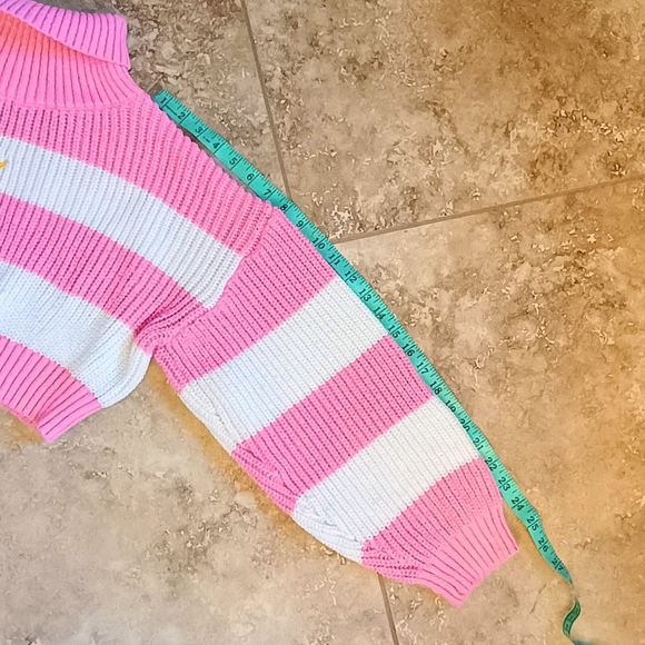 Girls Juniors Pink And White Stripped Cropped Crescent Moon Knit Sweater - Picture 8 of 9